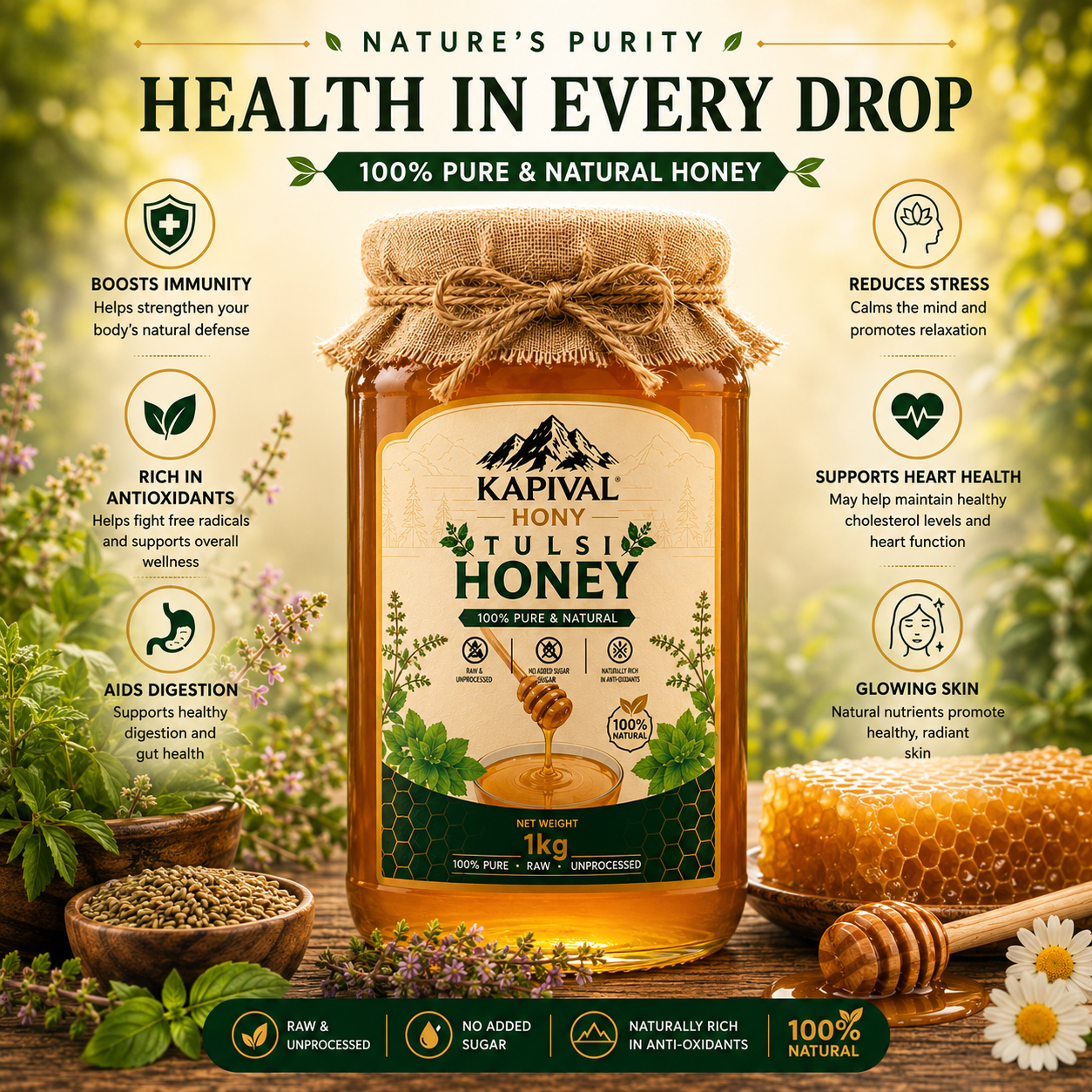 Kapival Tulsi Honey | Pure Natural Tulsi Honey | Immunity Support Honey