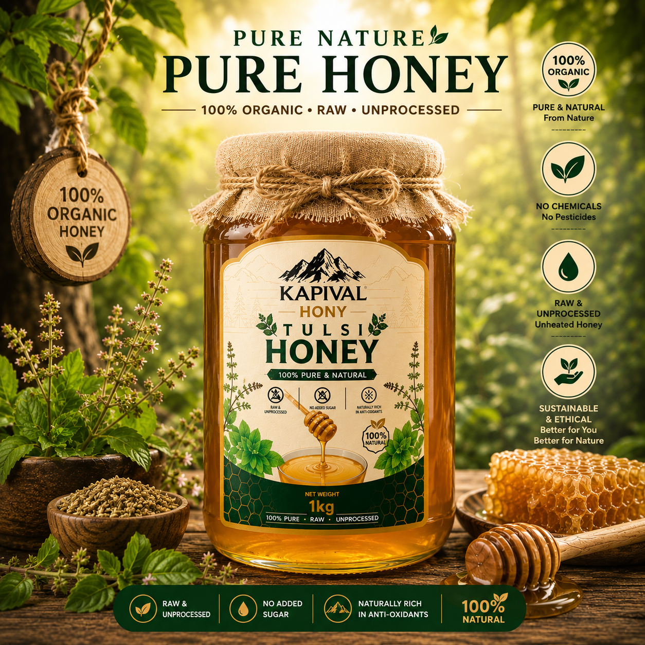 Kapival Tulsi Honey | Pure Natural Tulsi Honey | Immunity Support Honey