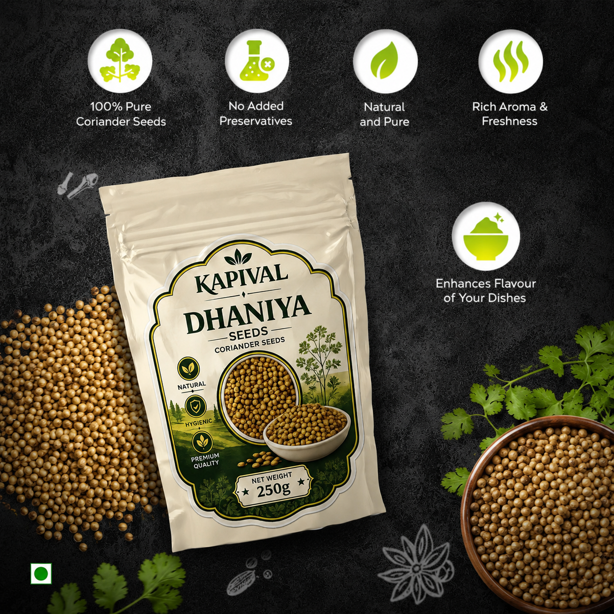 Kapival Whole Coriander (Dhana) 250g | Premium Quality Coriander Seeds | Natural & Aromatic Spice