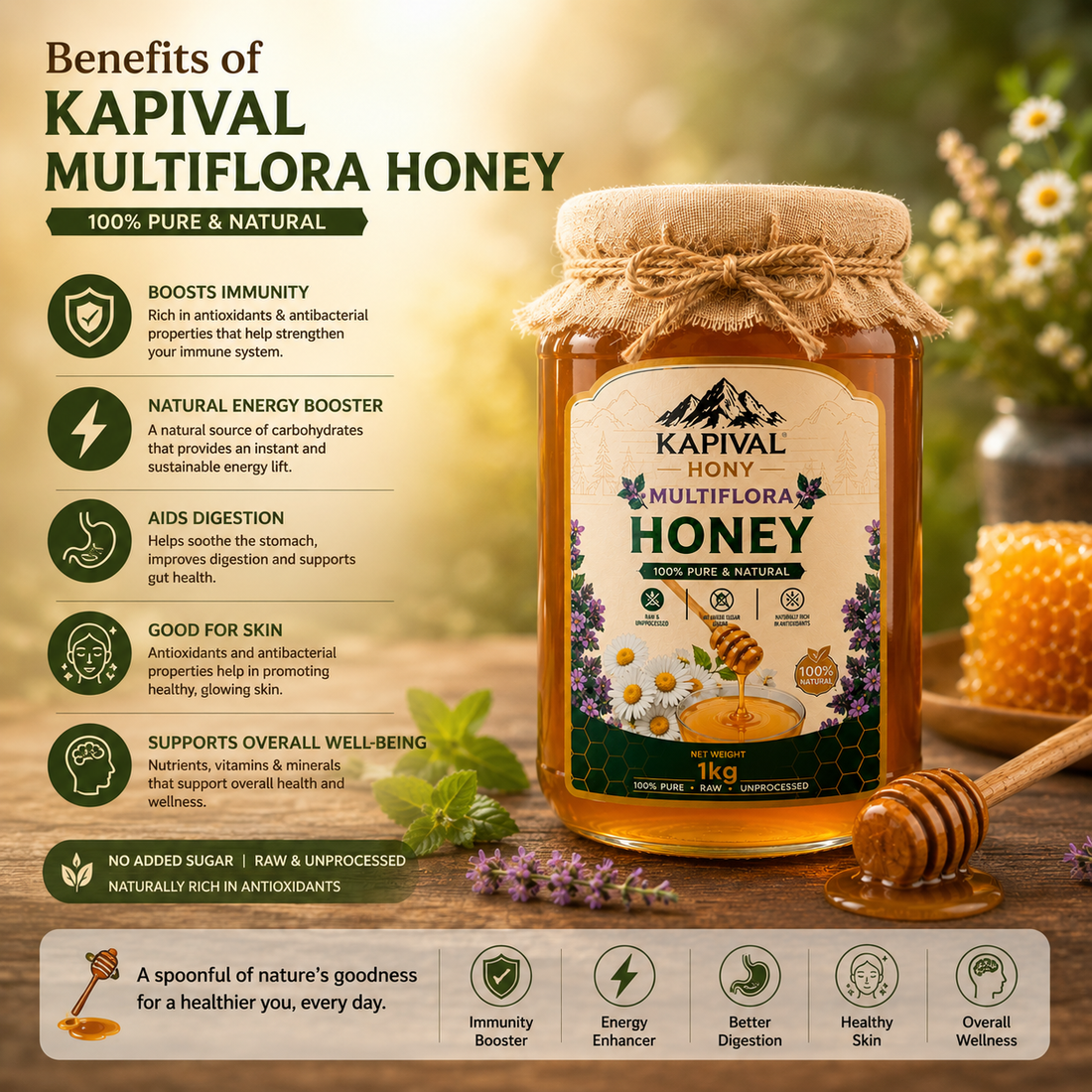 Kapival Multiflora Honey | Pure Raw Multiflora Honey | Natural Daily Honey