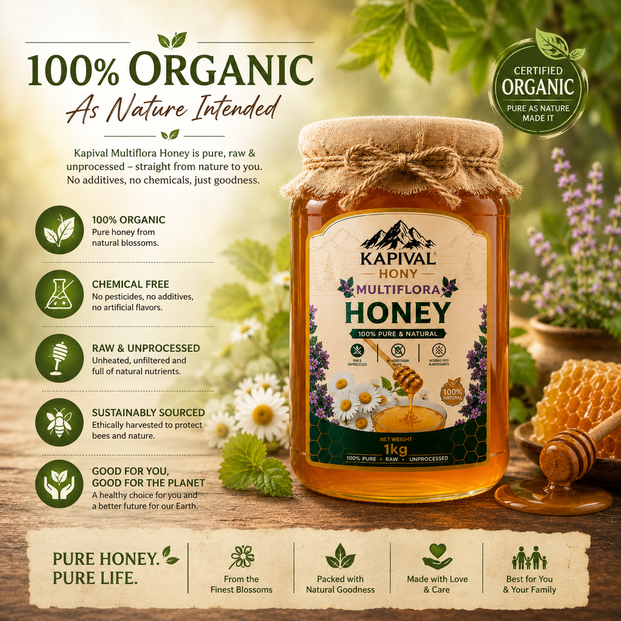 Kapival Multiflora Honey | Pure Raw Multiflora Honey | Natural Daily Honey