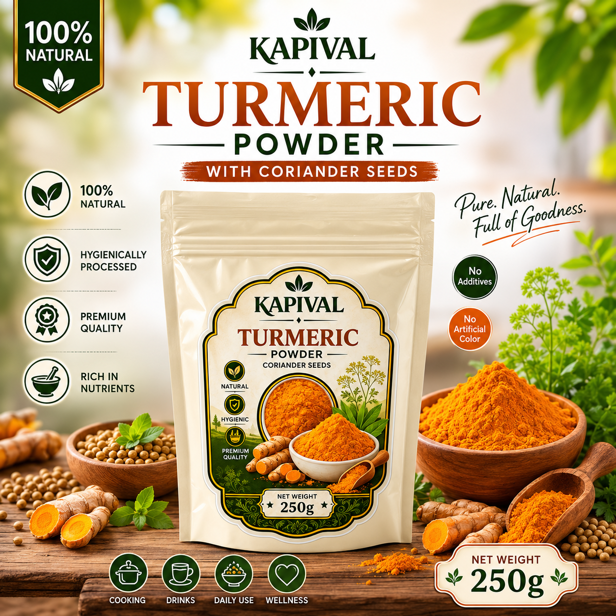 Kapival Turmeric Powder (Haldi) 250g | Premium Quality Haldi Powder | Pure & Natural Spice