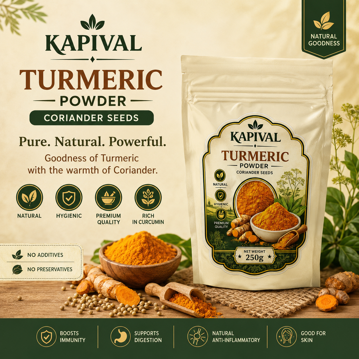 Kapival Turmeric Powder (Haldi) 250g | Premium Quality Haldi Powder | Pure & Natural Spice