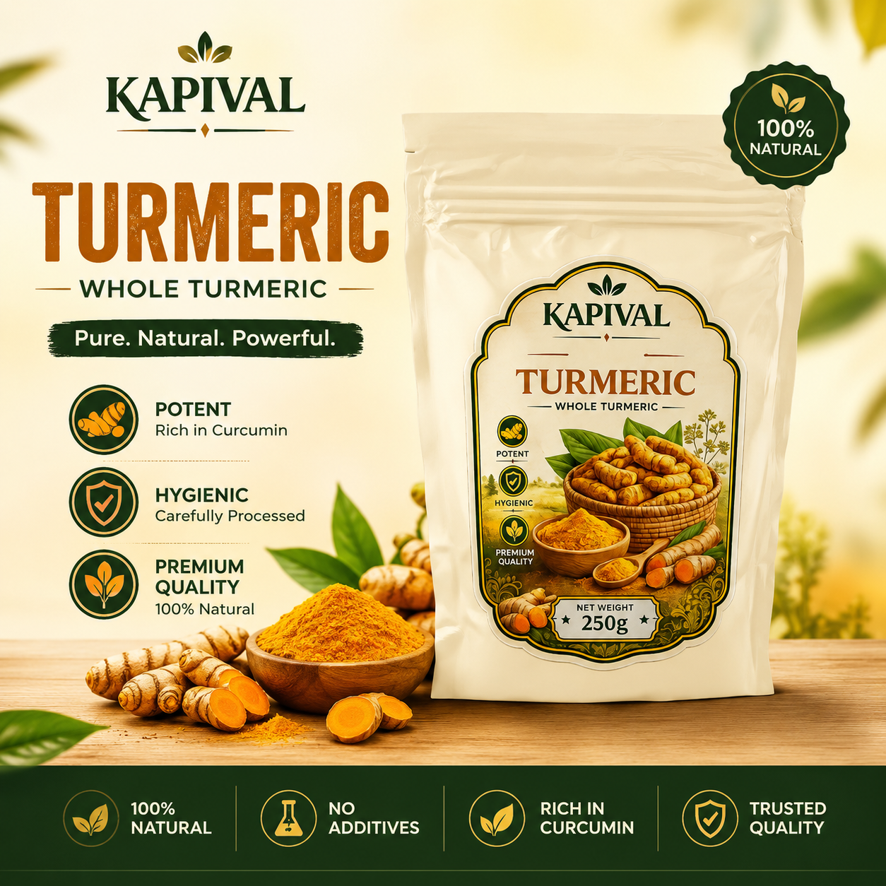 Kapival Whole Turmeric (Sampurna Haldi) 250g | Premium Quality Whole Haldi | Pure & Natural Turmeric Roots