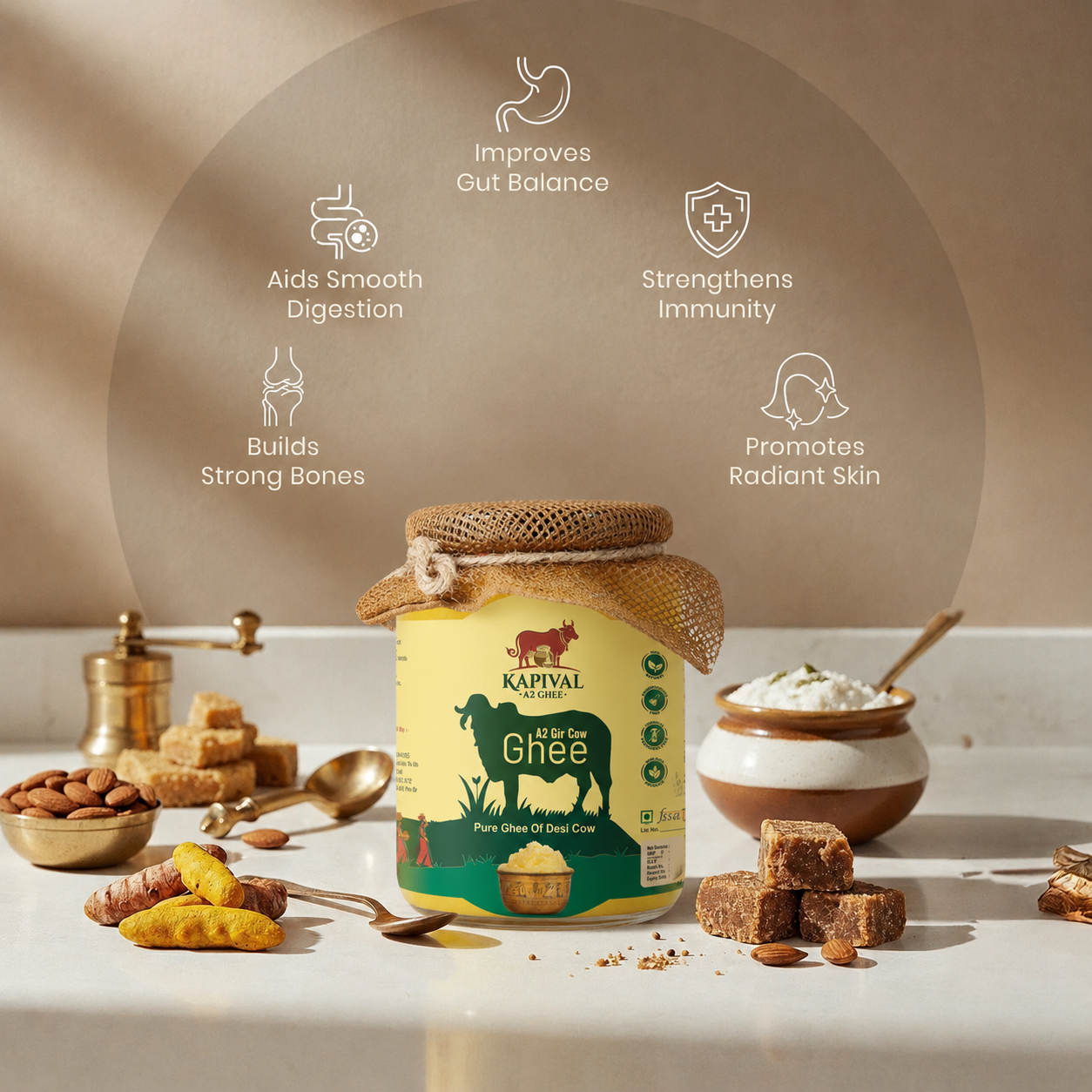 Kapival A2 Cow Ghee | Traditional Bilona Method | Pure Desi Cow Ghee | Made from A2 Cow Milk | Natural & Chemical-Free | 900ml
