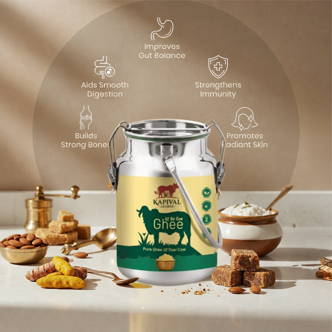 Kapival A2 Cow Ghee | Traditional Bilona Method | Pure Desi Cow Ghee | Made from A2 Cow Milk | Natural & Chemical-Free | 5 Ltr.