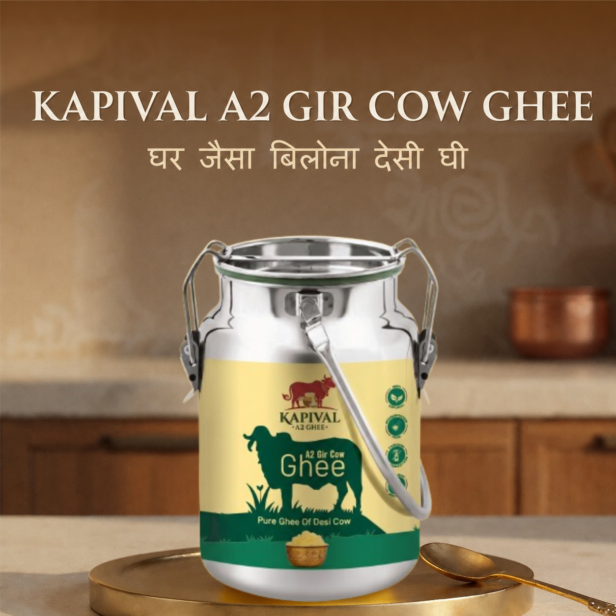 Kapival A2 Cow Ghee | Traditional Bilona Method | Pure Desi Cow Ghee | Made from A2 Cow Milk | Natural & Chemical-Free | 5 Ltr.
